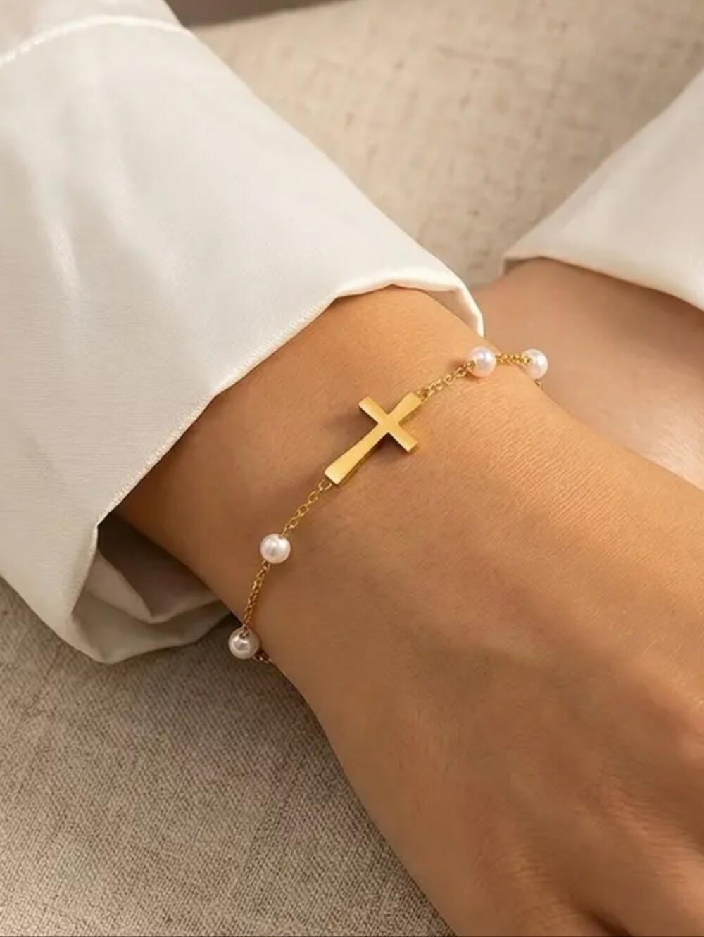 New! Stainelss Steel Cross Pearl Chain Bracelet - Elegant Women's Jewelry